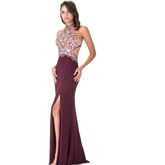 Elizabeth K. Deep Purple Halter Prom Dress - Picture 2 of 14